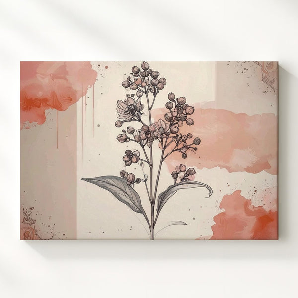 Blush Botanical Line Art Canvas – Minimalist Floral Sprig with Watercolor Accents - Gifitto