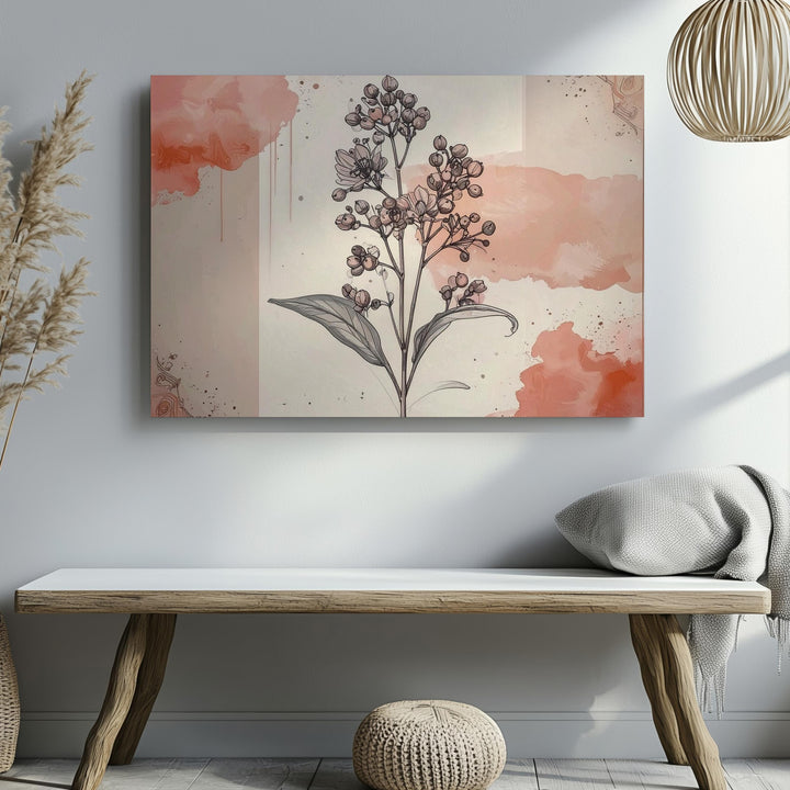 Blush Botanical Line Art Canvas – Minimalist Floral Sprig with Watercolor Accents - Gifitto