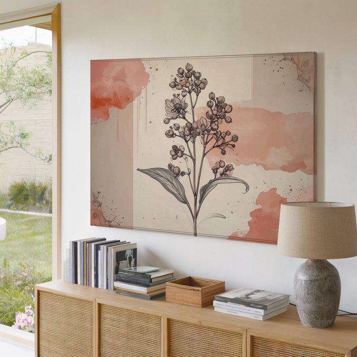 Blush Botanical Line Art Canvas – Minimalist Floral Sprig with Watercolor Accents - Gifitto