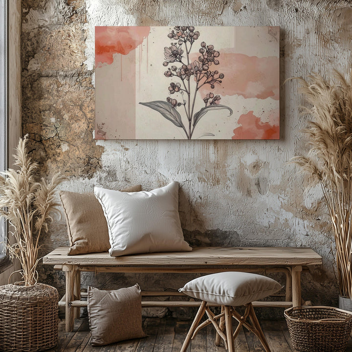 Blush Botanical Line Art Canvas – Minimalist Floral Sprig with Watercolor Accents - Gifitto