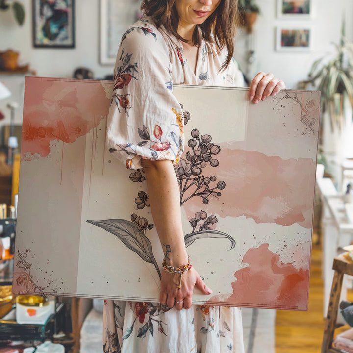 Blush Botanical Line Art Canvas – Minimalist Floral Sprig with Watercolor Accents - Gifitto