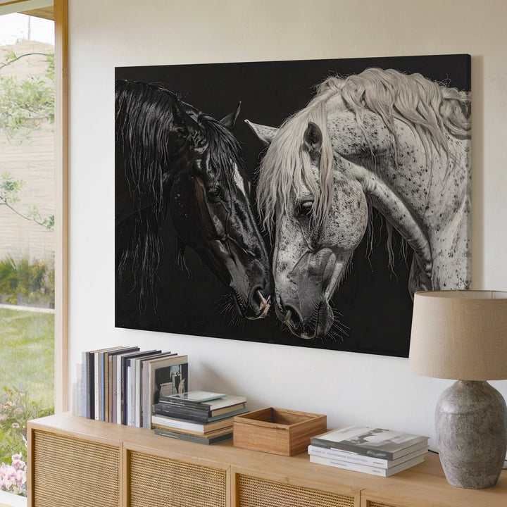 Black & White Horse Duality Canvas – Monochrome Equestrian Art - Gifitto