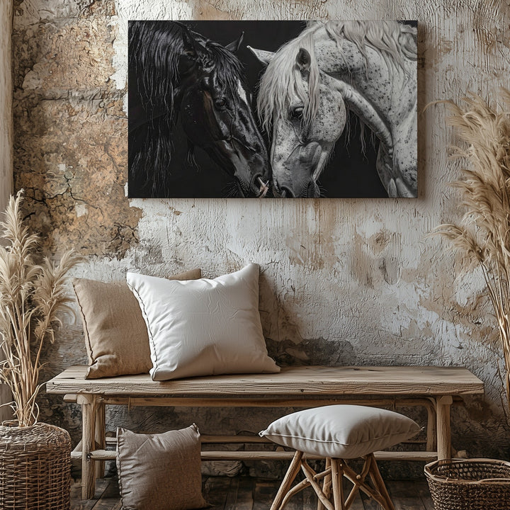 Black & White Horse Duality Canvas – Monochrome Equestrian Art - Gifitto