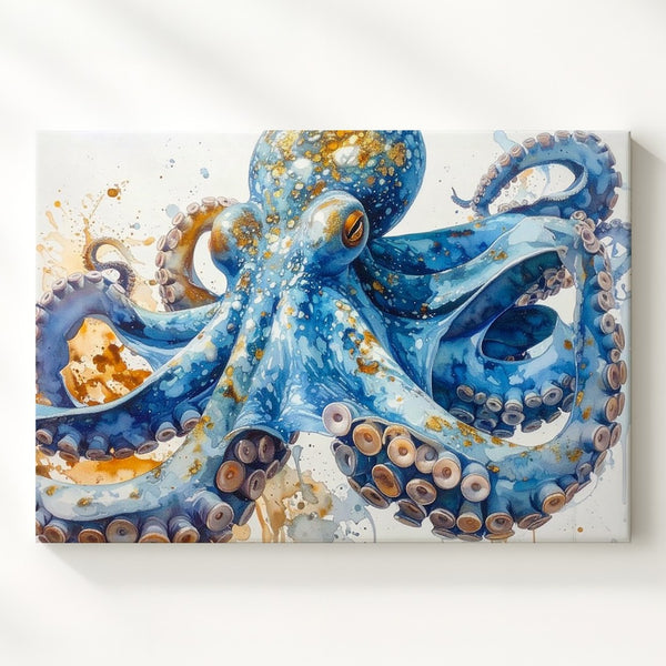 Blue & Orange Octopus Watercolor Canvas – Stylized Marine Art