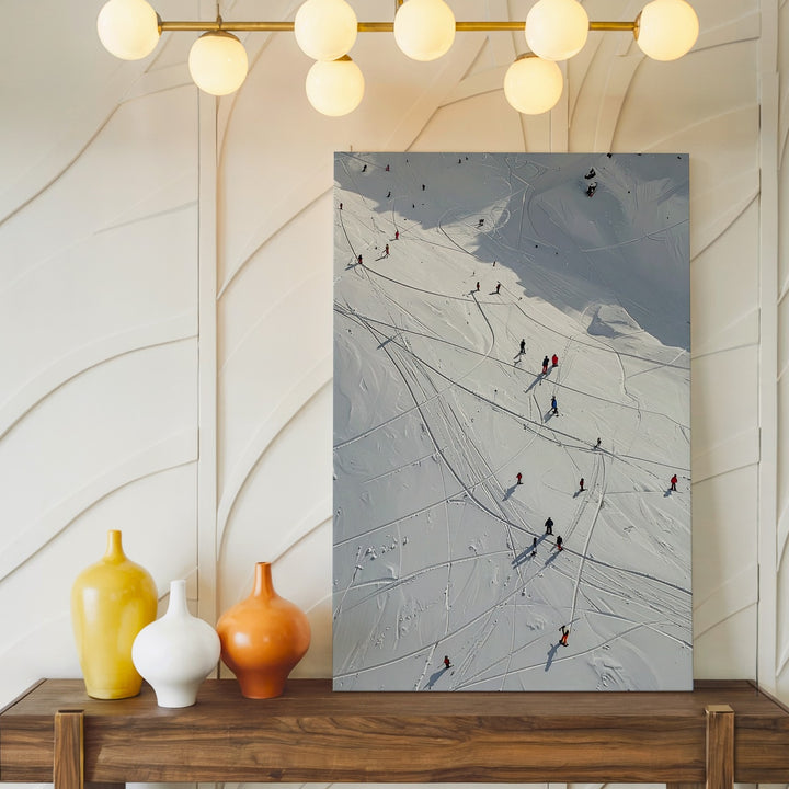 Stylized Ski Slope Canvas – Abstract Winter Sports Scene with Miniature Skiers - Gifitto
