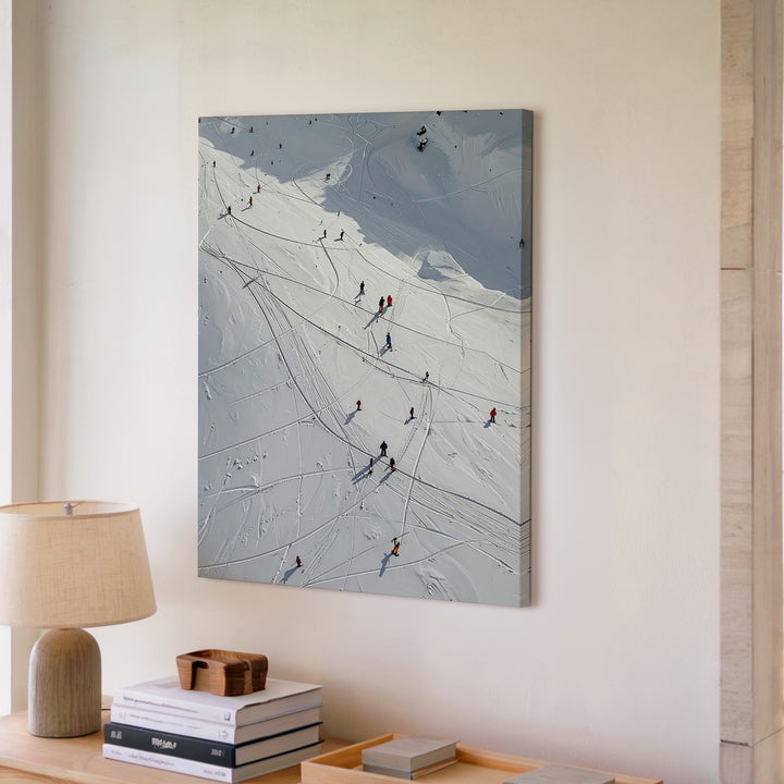 Stylized Ski Slope Canvas – Abstract Winter Sports Scene with Miniature Skiers - Gifitto
