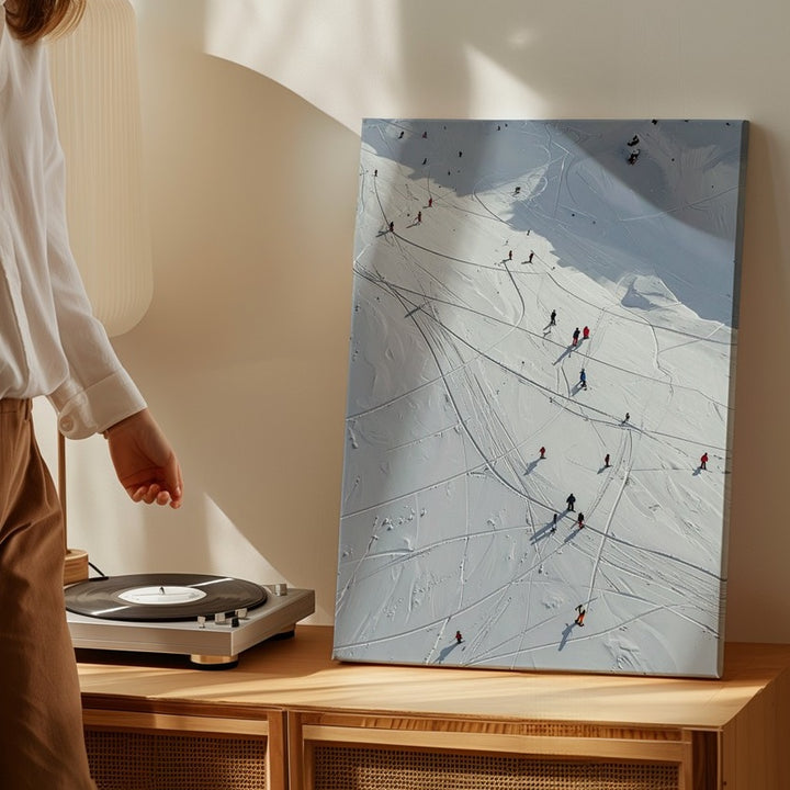 Stylized Ski Slope Canvas – Abstract Winter Sports Scene with Miniature Skiers - Gifitto