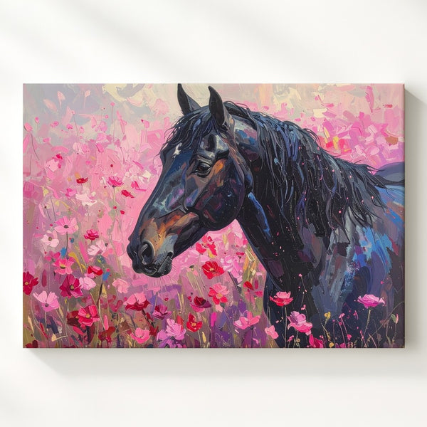 Black Horse in Flower Field Canvas – Vibrant Equestrian Art - Gifitto