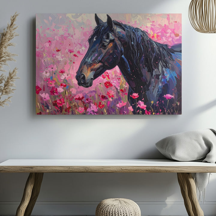 Black Horse in Flower Field Canvas – Vibrant Equestrian Art - Gifitto
