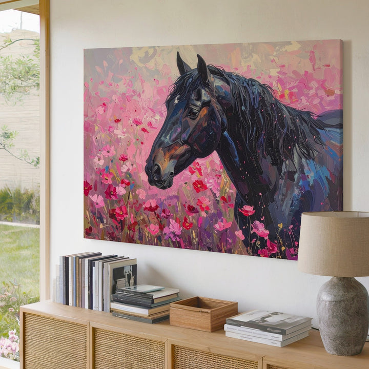 Black Horse in Flower Field Canvas – Vibrant Equestrian Art - Gifitto