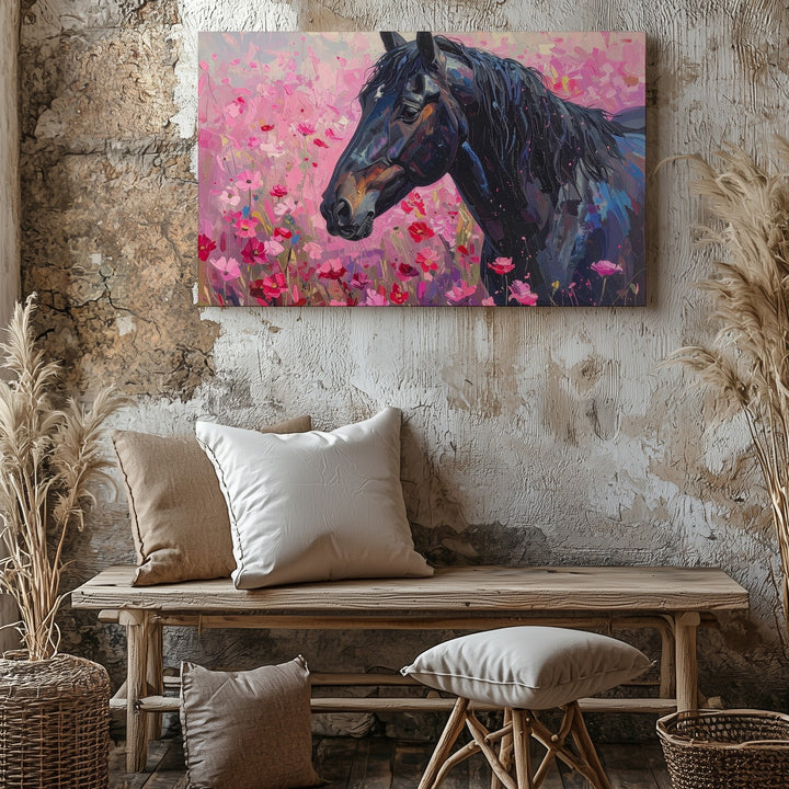 Black Horse in Flower Field Canvas – Vibrant Equestrian Art - Gifitto