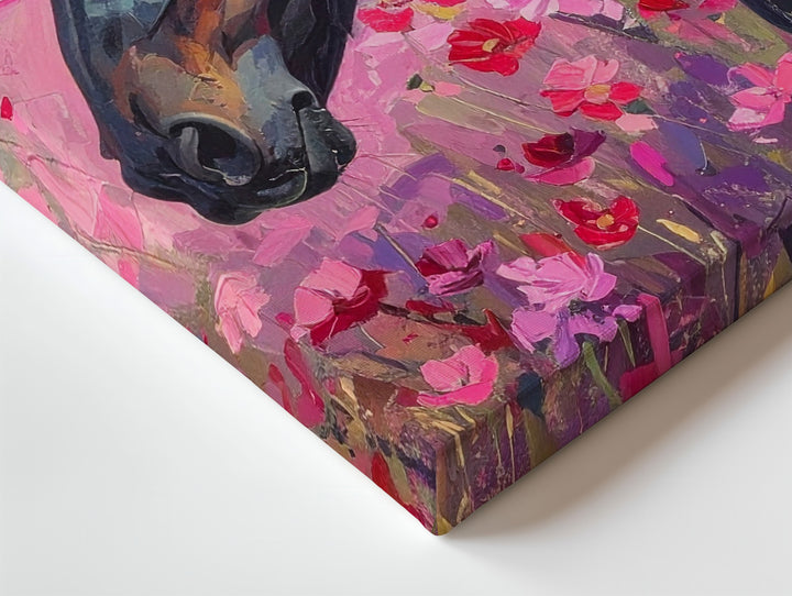 Black Horse in Flower Field Canvas – Vibrant Equestrian Art - Gifitto