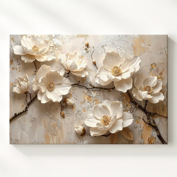 Sculptural Magnolia Flowers Canvas – Ivory & White Floral Relief Art - Gifitto