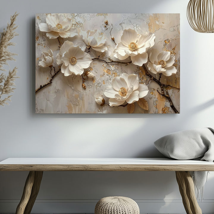 Sculptural Magnolia Flowers Canvas – Ivory & White Floral Relief Art - Gifitto