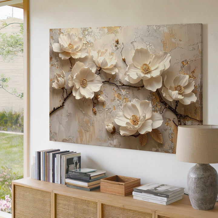 Sculptural Magnolia Flowers Canvas – Ivory & White Floral Relief Art - Gifitto