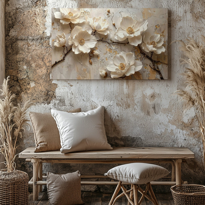 Sculptural Magnolia Flowers Canvas – Ivory & White Floral Relief Art - Gifitto