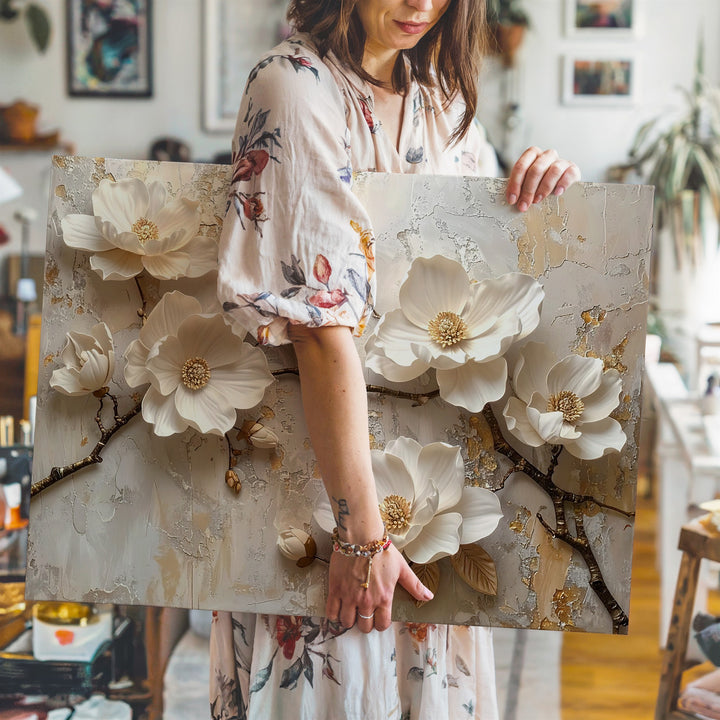 Sculptural Magnolia Flowers Canvas – Ivory & White Floral Relief Art - Gifitto