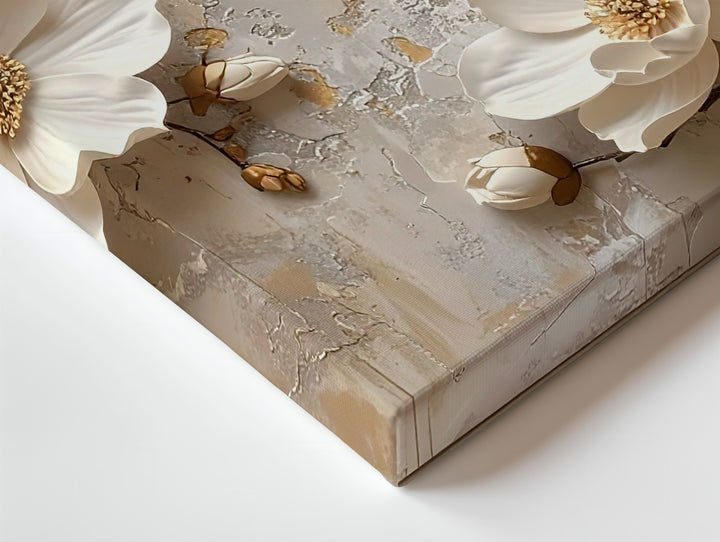 Sculptural Magnolia Flowers Canvas – Ivory & White Floral Relief Art - Gifitto