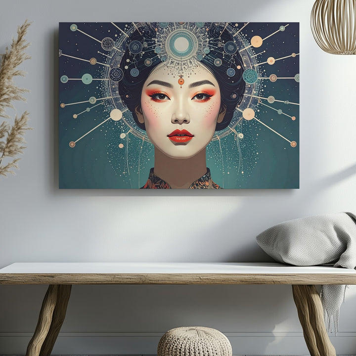 Cosmic Crown Portrait Canvas – Mystical Female Figure with Celestial Headpiece - Gifitto