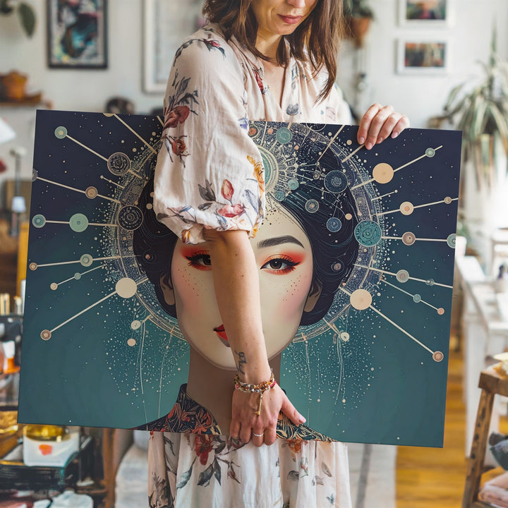 Cosmic Crown Portrait Canvas – Mystical Female Figure with Celestial Headpiece - Gifitto
