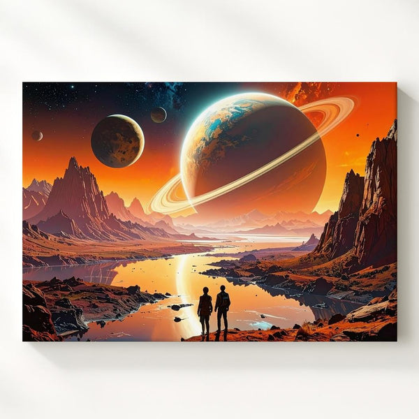 Surreal Alien Landscape Canvas – Figures in Front of Ringed Planet and Cosmic Waters - Gifitto