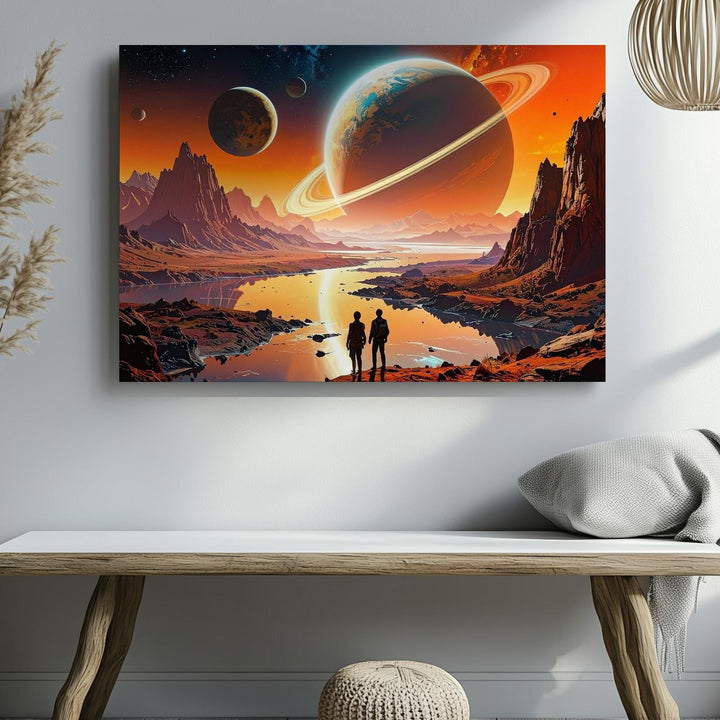 Surreal Alien Landscape Canvas – Figures in Front of Ringed Planet and Cosmic Waters - Gifitto