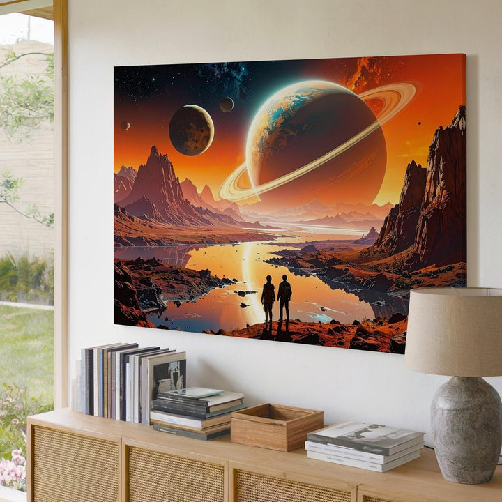 Surreal Alien Landscape Canvas – Figures in Front of Ringed Planet and Cosmic Waters - Gifitto