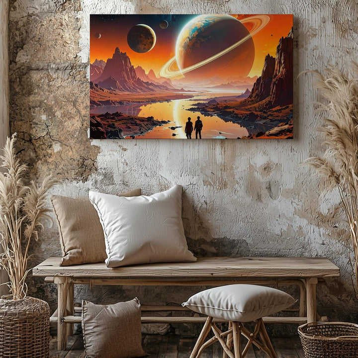 Surreal Alien Landscape Canvas – Figures in Front of Ringed Planet and Cosmic Waters - Gifitto