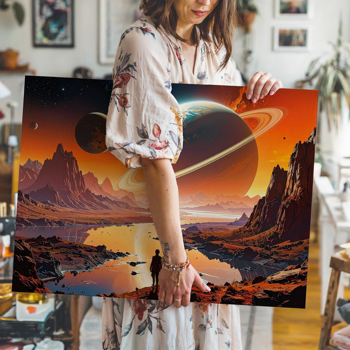 Surreal Alien Landscape Canvas – Figures in Front of Ringed Planet and Cosmic Waters - Gifitto