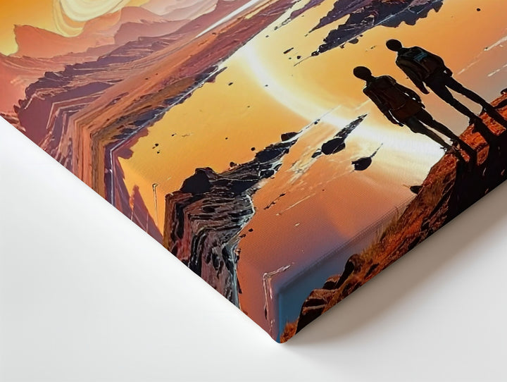 Surreal Alien Landscape Canvas – Figures in Front of Ringed Planet and Cosmic Waters - Gifitto