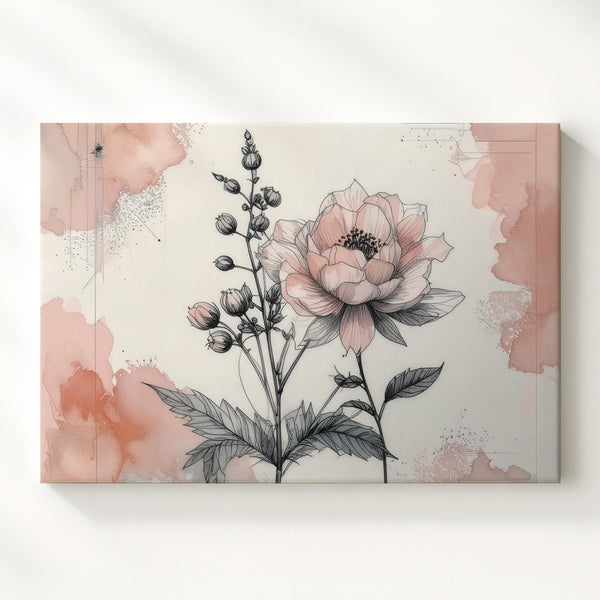 Soft Bloom Minimalist Canvas – Floral Line Art with Blush Watercolor Corners - Gifitto