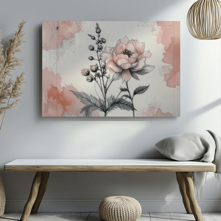 Soft Bloom Minimalist Canvas – Floral Line Art with Blush Watercolor Corners - Gifitto