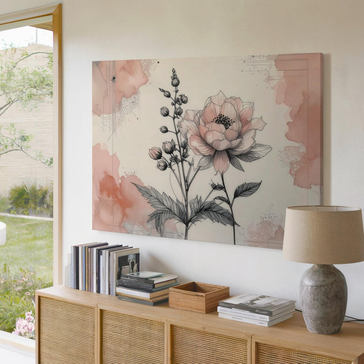 Soft Bloom Minimalist Canvas – Floral Line Art with Blush Watercolor Corners - Gifitto