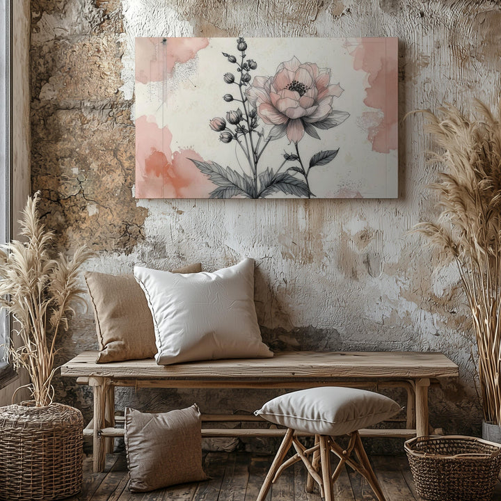 Soft Bloom Minimalist Canvas – Floral Line Art with Blush Watercolor Corners - Gifitto
