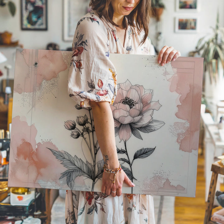 Soft Bloom Minimalist Canvas – Floral Line Art with Blush Watercolor Corners - Gifitto