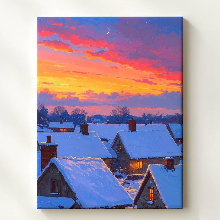 Winter Twilight Village Canvas – Cozy Rooftops Under a Vibrant Sky - Gifitto