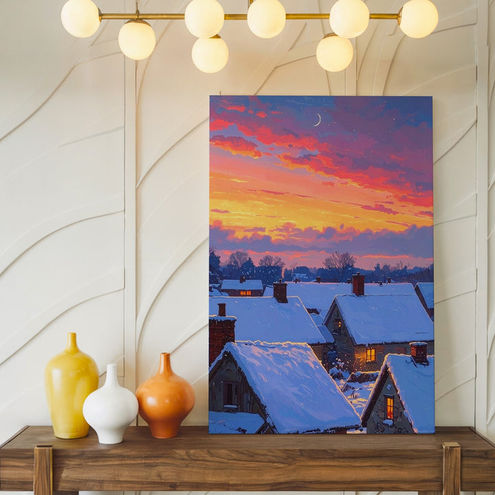 Winter Twilight Village Canvas – Cozy Rooftops Under a Vibrant Sky - Gifitto