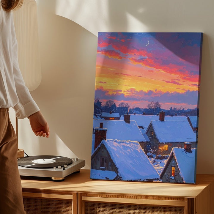 Winter Twilight Village Canvas – Cozy Rooftops Under a Vibrant Sky - Gifitto