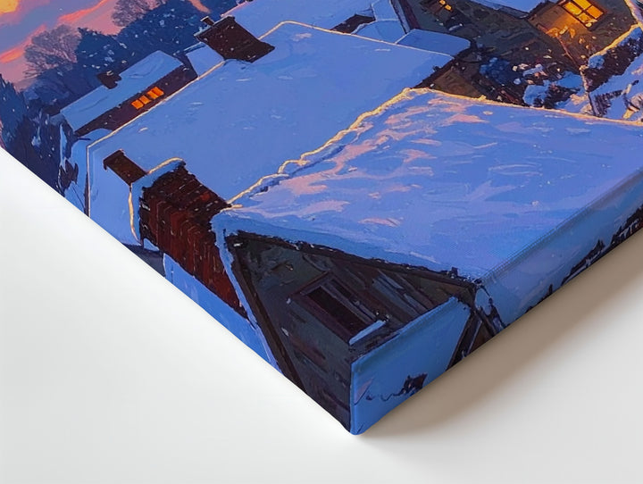 Winter Twilight Village Canvas – Cozy Rooftops Under a Vibrant Sky - Gifitto