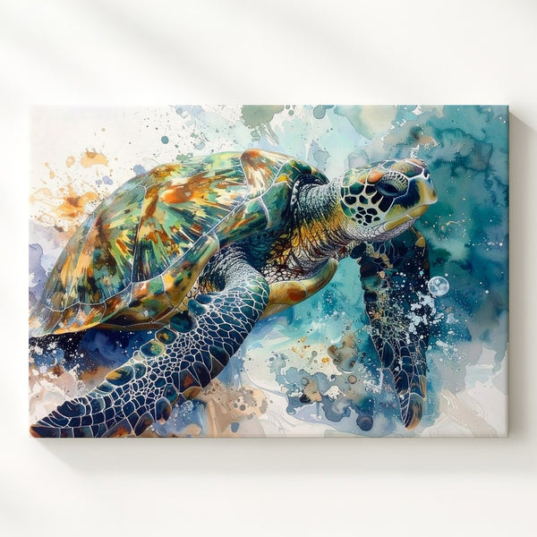 Dynamic Sea Turtle Canvas – Mixed Media Watercolor & Ink Art