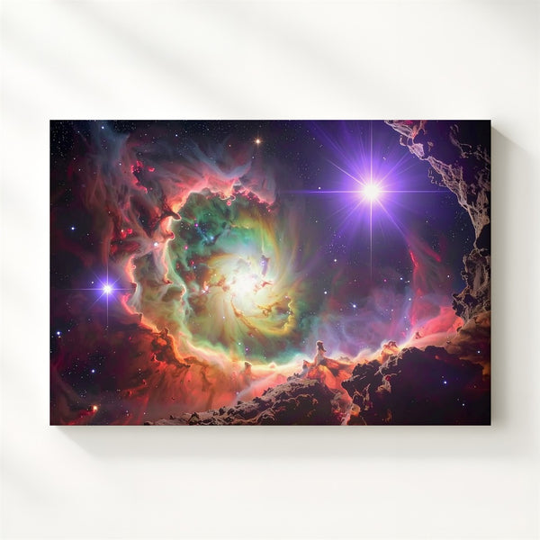 Galactic Cave Nebula Canvas – Green Core with Crimson Dust and Purple Stars - Gifitto