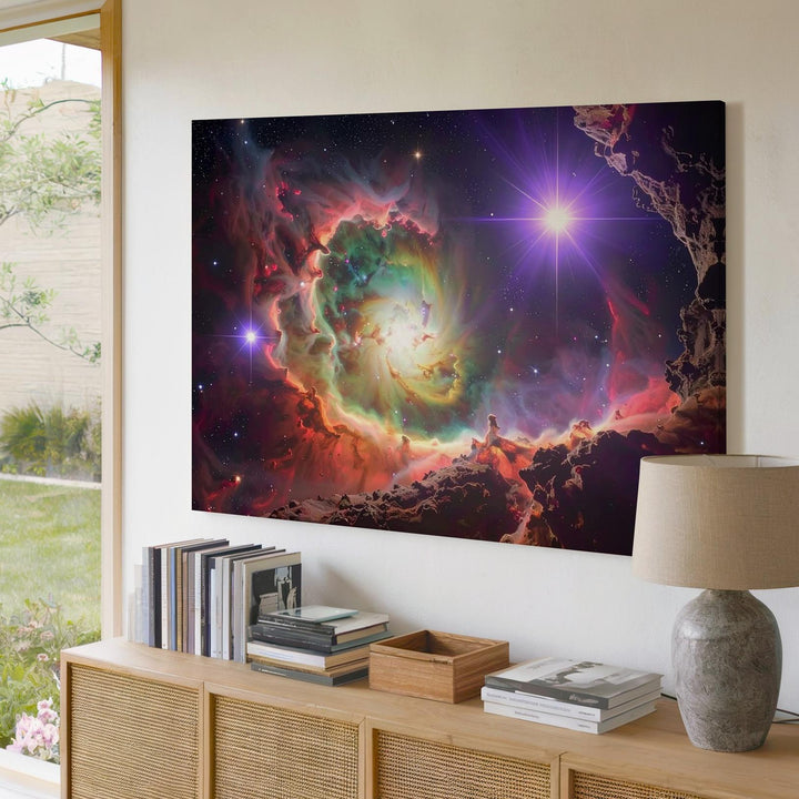 Galactic Cave Nebula Canvas – Green Core with Crimson Dust and Purple Stars - Gifitto