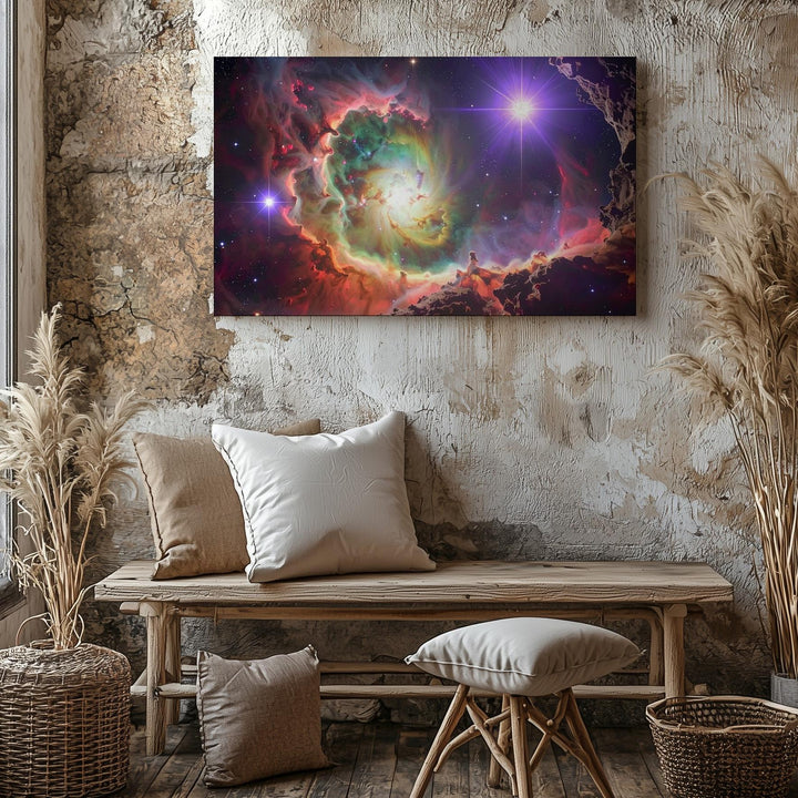 Galactic Cave Nebula Canvas – Green Core with Crimson Dust and Purple Stars - Gifitto