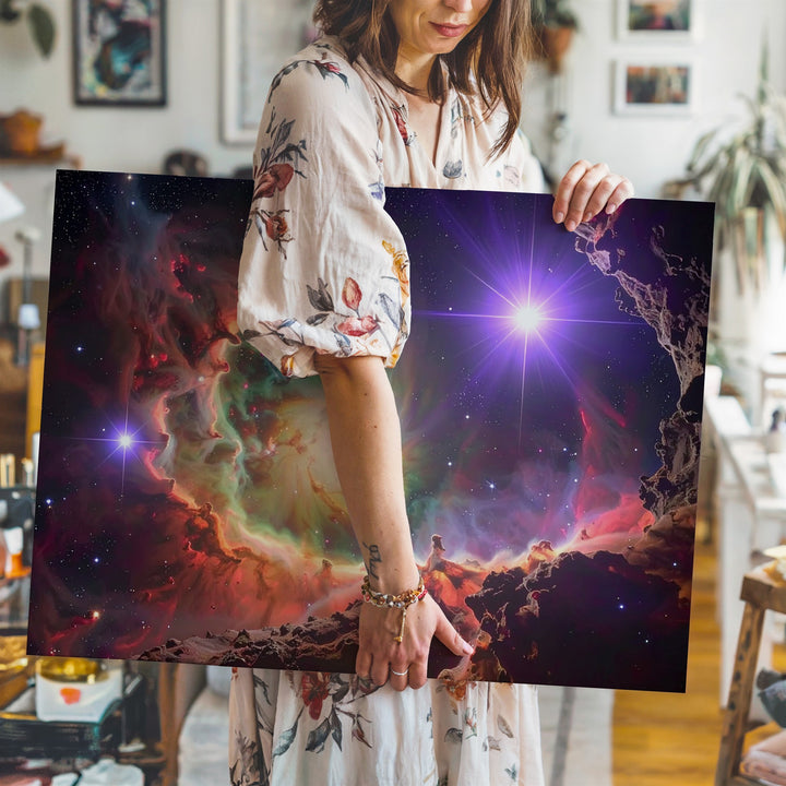 Galactic Cave Nebula Canvas – Green Core with Crimson Dust and Purple Stars - Gifitto