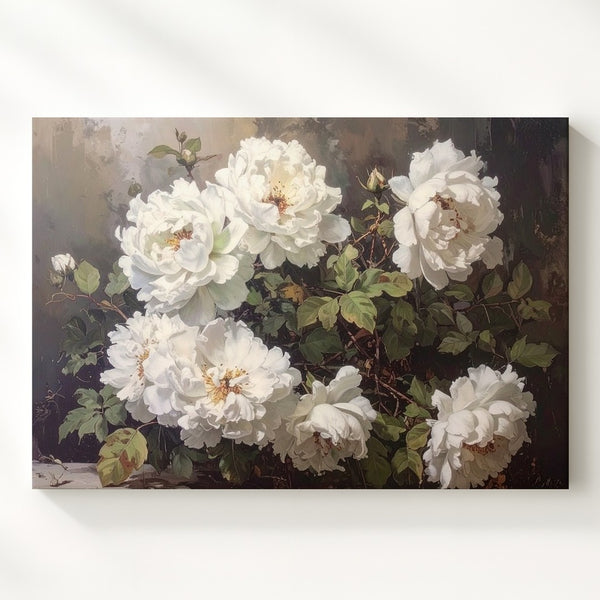 Moody White Flowers Canvas – Vintage-Inspired Floral Art - Gifitto