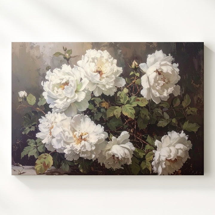 Moody White Flowers Canvas – Vintage-Inspired Floral Art - Gifitto