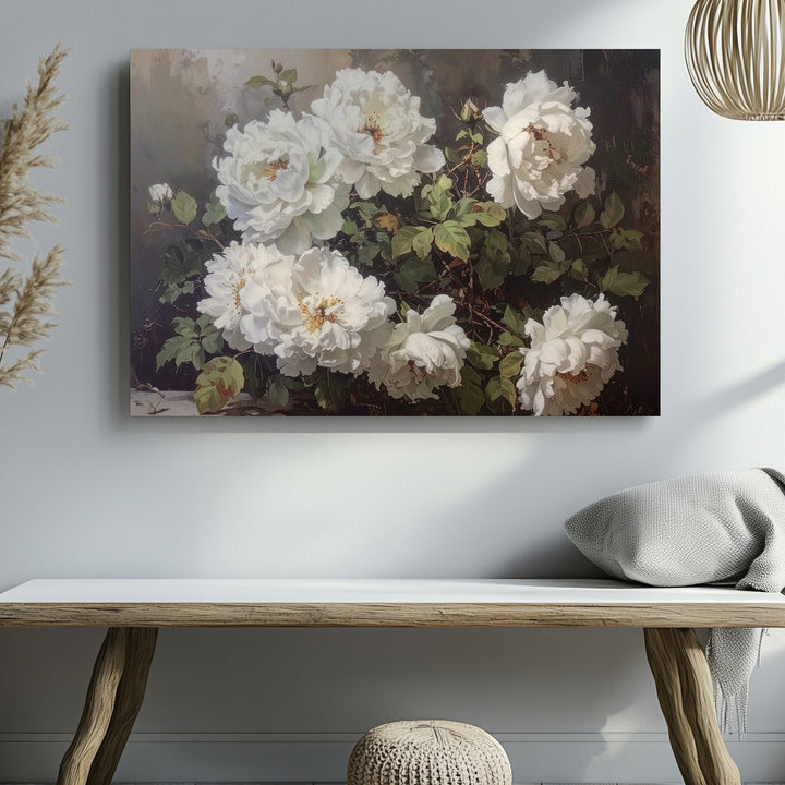 Moody White Flowers Canvas – Vintage-Inspired Floral Art - Gifitto
