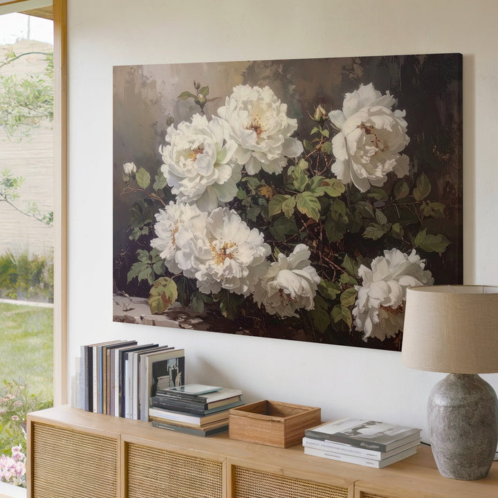 Moody White Flowers Canvas – Vintage-Inspired Floral Art - Gifitto