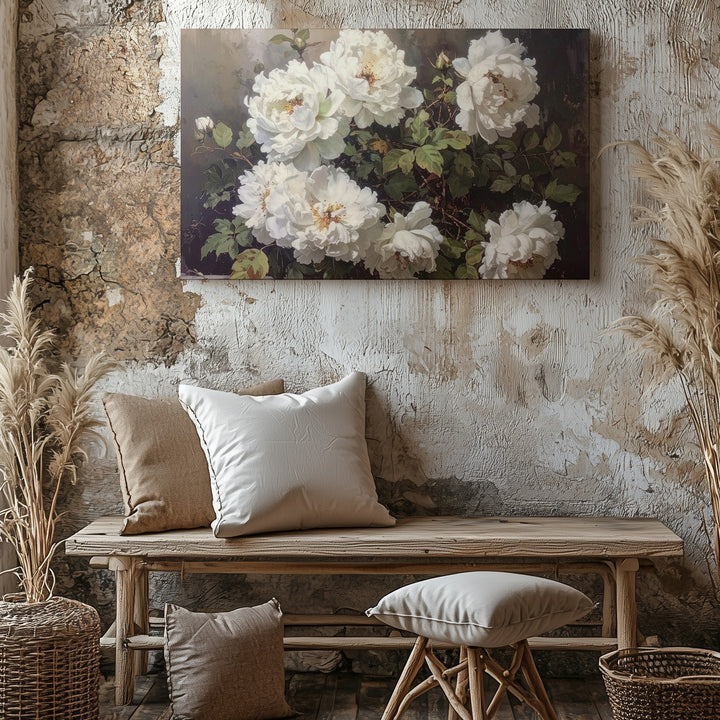 Moody White Flowers Canvas – Vintage-Inspired Floral Art - Gifitto