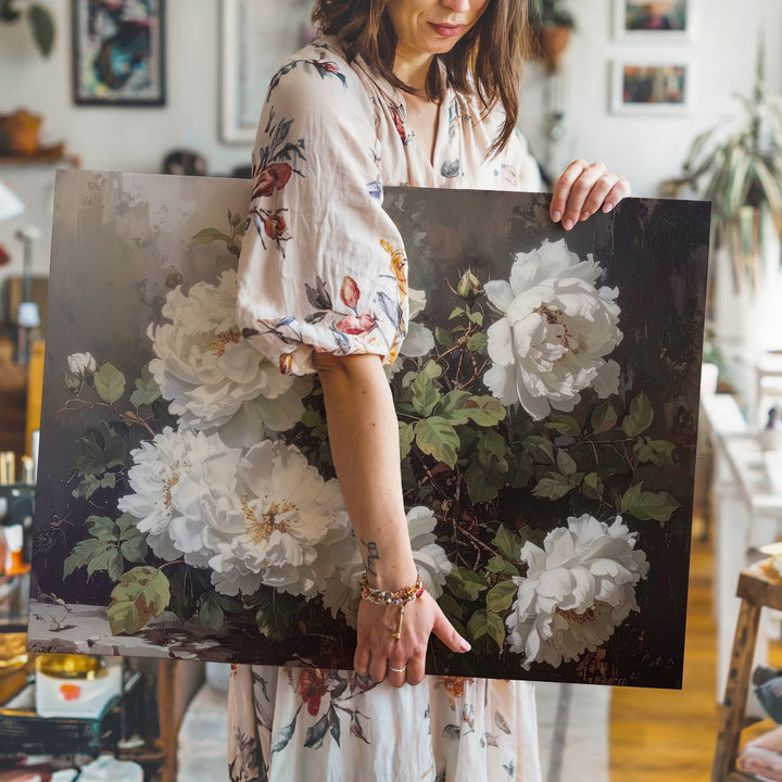 Moody White Flowers Canvas – Vintage-Inspired Floral Art - Gifitto